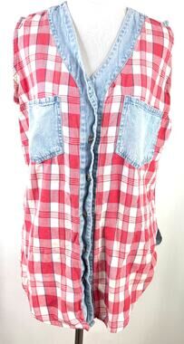 Andrew's Blues Vintage Denim Plaid Sleeveless Button Up Shirt Size Medium